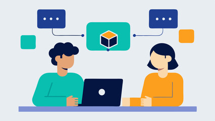 Fototapeta premium Dispute Resolution Two figures discussing a discrepancy at a table with a laptop open showing a blockchain ledger with a highlighted transaction for clarity in resolution.
