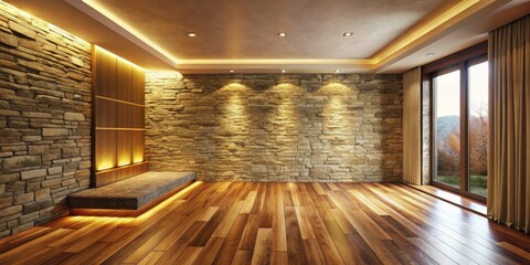 Serene Interior Design Warm Wood Floors, Stone Wall, and Ambient Lighting Create a Relaxing Atmosphere