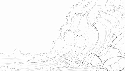 Ocean wave coloring page with rocky coastline for relaxation and creativity