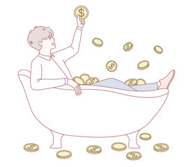 A whimsical illustration shows a person joyfully bathing in shiny coins, symbolizing wealth and prosperity