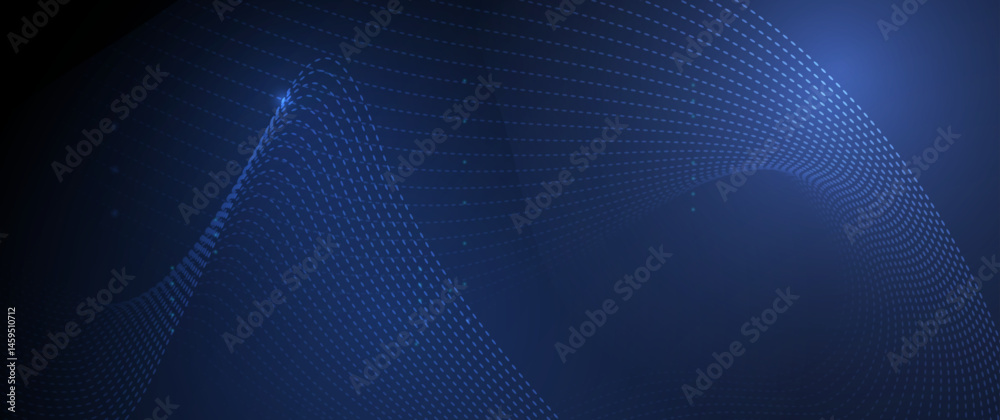 Poster Illustration vector abstract wave, flow line, motion pattern and particle dot on dark blue background. Modern futuristic, big data design for background. Digital datum, high tech, technology concept