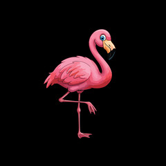 A cartoon flamingo stands on one leg with a black background, exhibiting a pink and red hue and a whimsical expression.