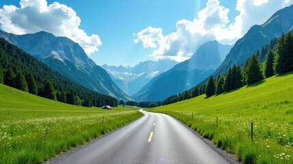 Naklejka premium Asphalt road winding through a verdant valley, nestled between majestic mountains under a bright summer sky