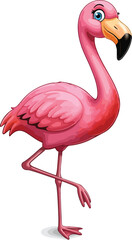 A whimsical cartoon flamingo stands on one leg, showcasing its vibrant pink plumage, distinctive beak, and large blue eyes against a white backdrop.