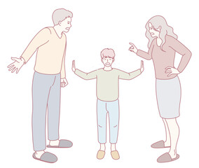 An illustration depicting a family conflict where parents and their child reveal deep emotional distress