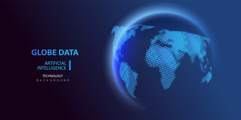 Globe data world map. Globe Ai halftone background. Round particles dots technology banner. Artificial Intelligence futuristic sphere network connect vector design.