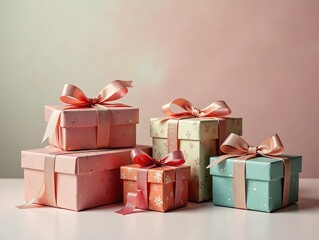 Collection of ornate vintage gift boxes tied with delicate ribbons, gentle illumination , close-up, light
