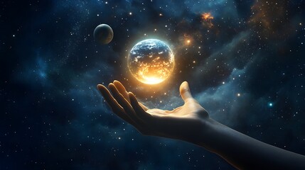 Hand Opening a Portal to Space: A hand opening a glowing portal, revealing a view of deep space with planets and stars.
