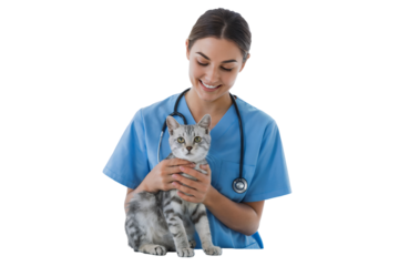 Smiling female veterinarian holding a grey tabby kitten against transparent background, concept veterinary care, pet health, animal clinic