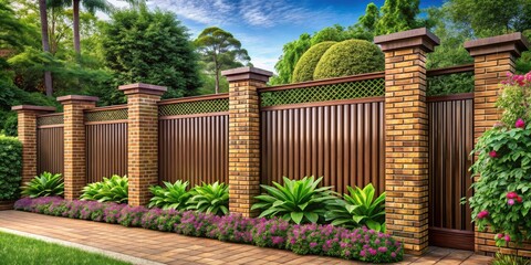 Elegant Brick and Metal Fence with Lush Landscaping and Walkway