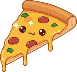 An adorable cartoon pizza slice with melting cheese and cute features, including sparkling eyes and a charming smile, conveys a whimsical feel.