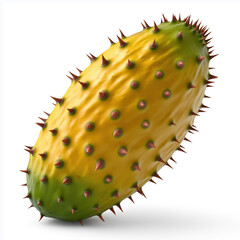 Unique yellow-green fruit with spiky skin on a white background