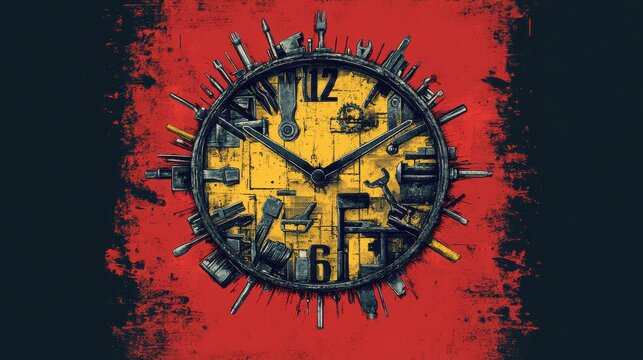 A digital illustration of a clock face made of tools, symbolizing the contributions of workers through time