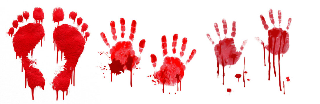 Bloody red handprints and footprints with dripping paint effect on transparent background, horror-themed texture for Halloween, crime scene, or thriller poster designs