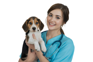 Smiling female veterinarian holding beagle puppy against transparent background, concept veterinary care, pet clinic, animal hospital, pet adoption