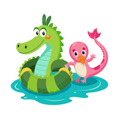 Obraz premium Download Cute Crocodile With Flamingo Swimming Tires Cartoon Vector Eps File For Design.