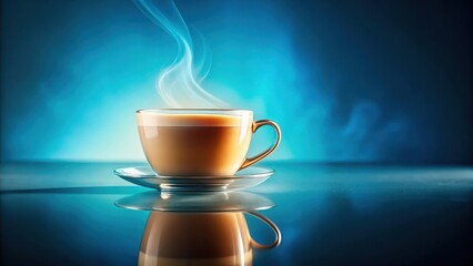 Aromatic Coffee in a Glass Cup with Steam Rising on a Reflective Surface