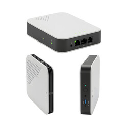 Fototapeta premium Three views of a white and gray electronic device with ports and ventilation holes displayed neatly on transparent background