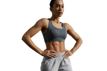 Athletic woman with defined abs posing against transparent background, concept fitness, health, and wellness