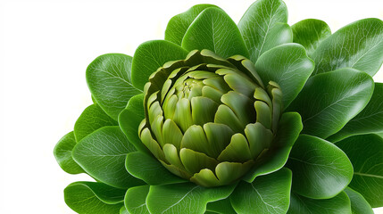 Obraz premium Fresh artichoke surrounded by vibrant green leaves on white background