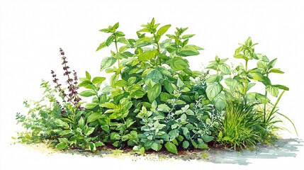 Fototapeta premium A lush watercolor illustration displays an assortment of culinary herbs like basil and parsley. 