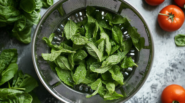 Mint leaves dried using a salad spinner, also known as a salad tosser