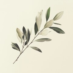 Fototapeta premium Delicate branch with various shades of green leaves on a cream background