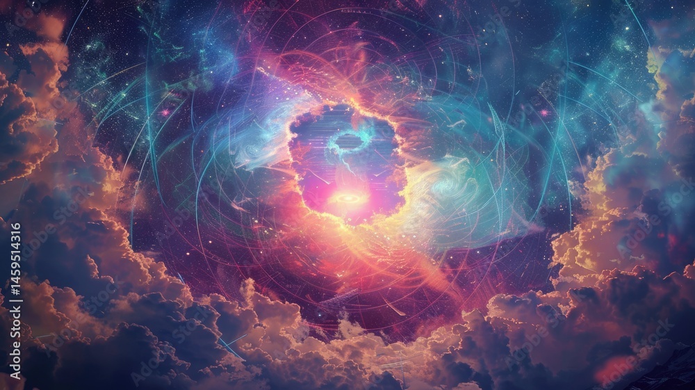 Poster abstract cosmic scene with swirling colors and celestial elements. digital artwork of planet and clo