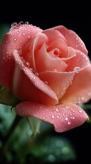 Close-up of a peach rose with water droplets, its delicate petals unfurling against a dark background, showcasing floral elegance and freshness