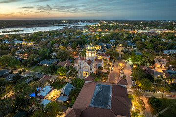 Old historic city architecture in Southern USA. View from above of streets and buildings of St....