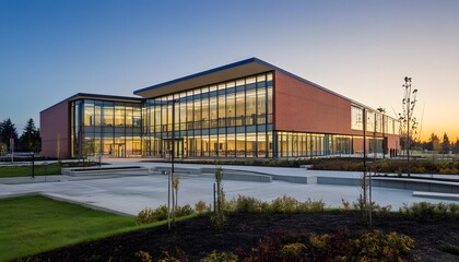 Obraz premium Modern architectural design of a public building at twilight.