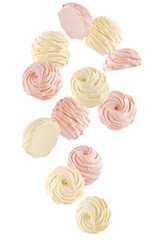 Flying yellow and pink marshmallows on transparent background