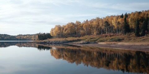Tranquil autumn reflections in a serene lake nature photography