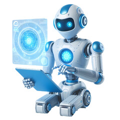 Ai robot using tablet isolate on White background