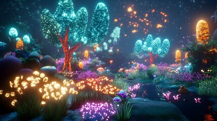 Enchanted, glowing forest landscape at night.