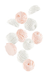 Flying white and pink marshmallows on transparent background