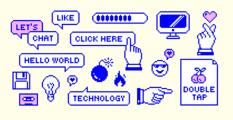 Retro Pixel Technology stickers. Y2k computer interface elements set. Old Fanny PC UI icon assets for computer, floppy disc, audio cassette, battery, speech bubble, finger heart. isolated items