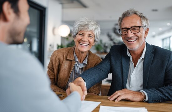An older couple happily shakes hands with a professional after a successful business meeting.