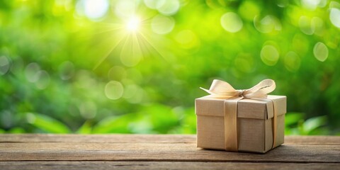 A thoughtfully wrapped gift box rests on rustic wood, bathed in sunlight filtering through a vibrant green natural backdrop.