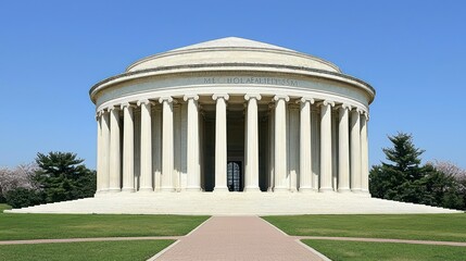 A stately, circular monument, bathed in sunlight, stands on a grassy knoll.  Classical columns frame the entrance, while a dome tops the structure.  Surrounding gardens add to the tranquil scene