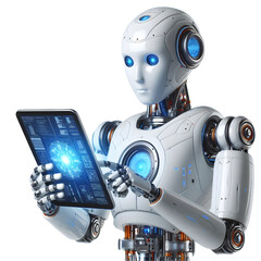 Ai robot using tablet isolate on White background