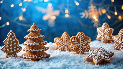 Delightful Festive Gingerbread Cookies in a Snowy Winter Scene with Sparkling Lights