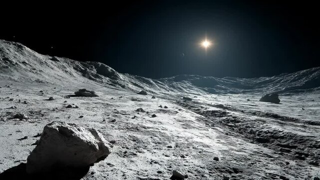 Lunar surface landscape with sun
