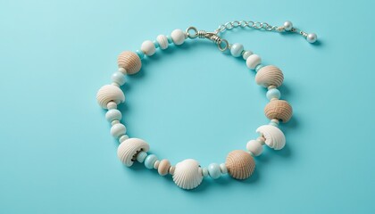 Obraz premium A close up of a beaded bracelet with seashells on a light blue background studio shot jewelry