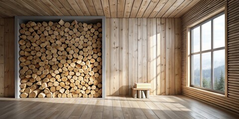 Rustic Cabin Interior Design Stacked Firewood, Wooden Walls, and Sunlight Streaming Through a Window