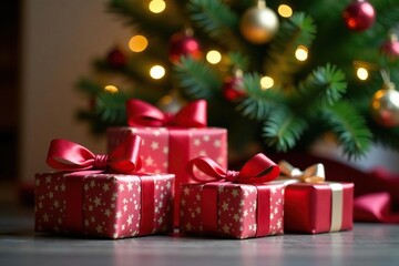 Brightly wrapped gifts with elegant satin ribbons beneath a sparkling Christmas tree , Christmas, xmas