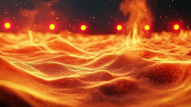 Macro shot of fluidised bed of glowing hot sand under a row of red heaters. Dynamic wave-like motion and rising sparks capture intense thermal energy and granular flow in an industrial environment.