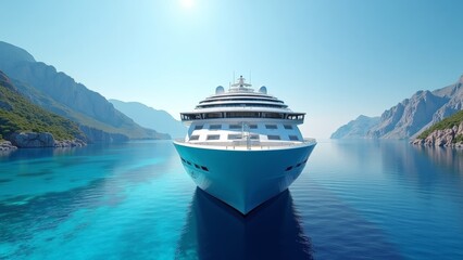 Naklejka premium A large white cruise ship in a turquoise lagoon surrounded by mountains