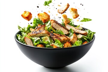 Caesar salad tossed with flying chicken and dressing