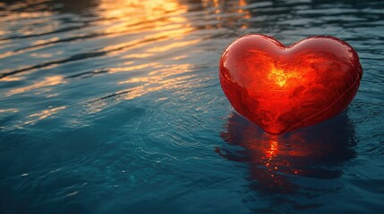 Glowing red heart-shaped float on deep cyan pool, sunset light creating long shadows across rippling water